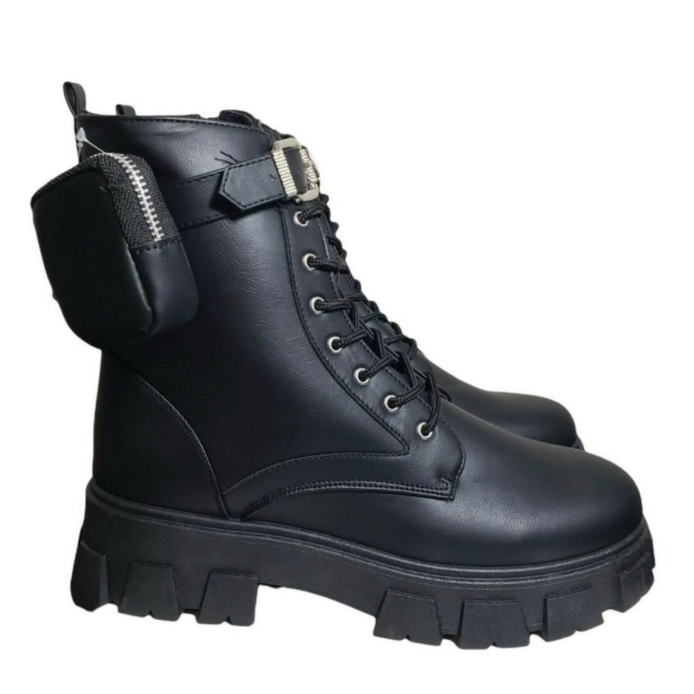 Olivia Miller Womens Black Chunky Lace Up Ankle Combat Boots with Pouch Size 11